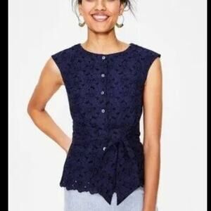 Boden Women's Claudette Navy Broderie Button Up Top size 4R US, UK 8R